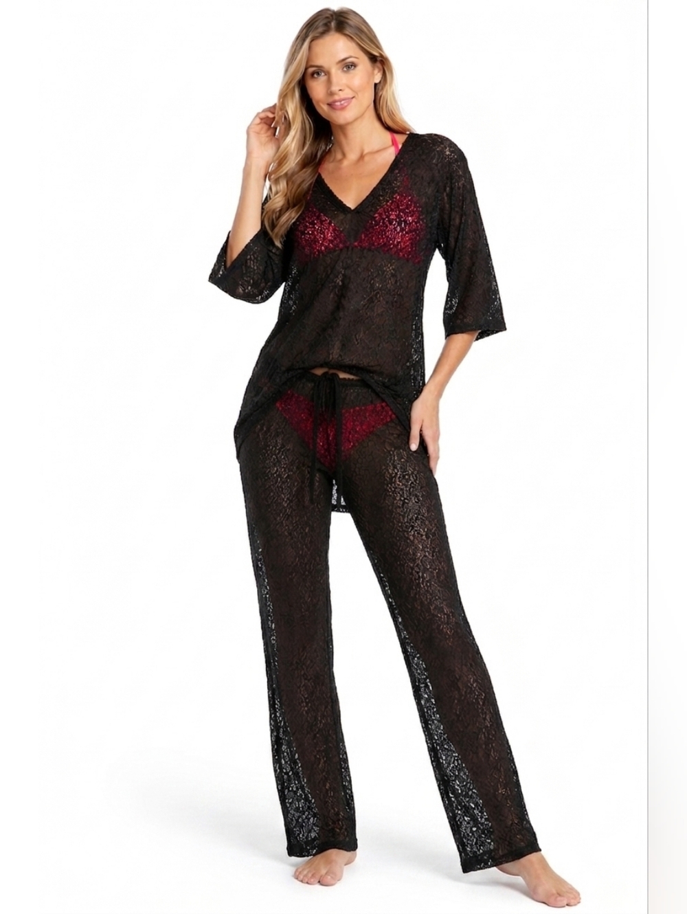 Jordan Taylor Sheer Black Crochet Lace Hooded Tunic & Pants Cover Up 2 piece Set